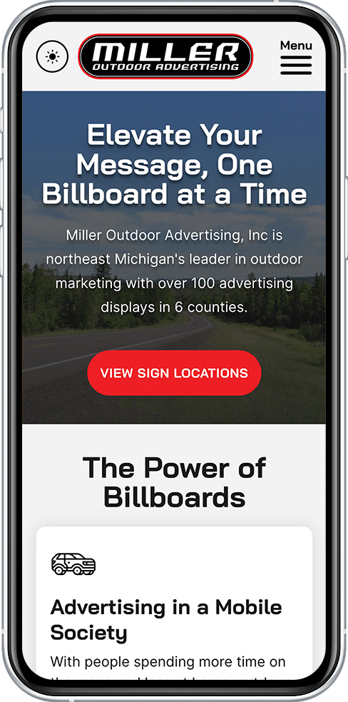 Miller Outdoor Advertising website mockup for mobile phone. Miller Outdoor Advertising is located in Michigan.